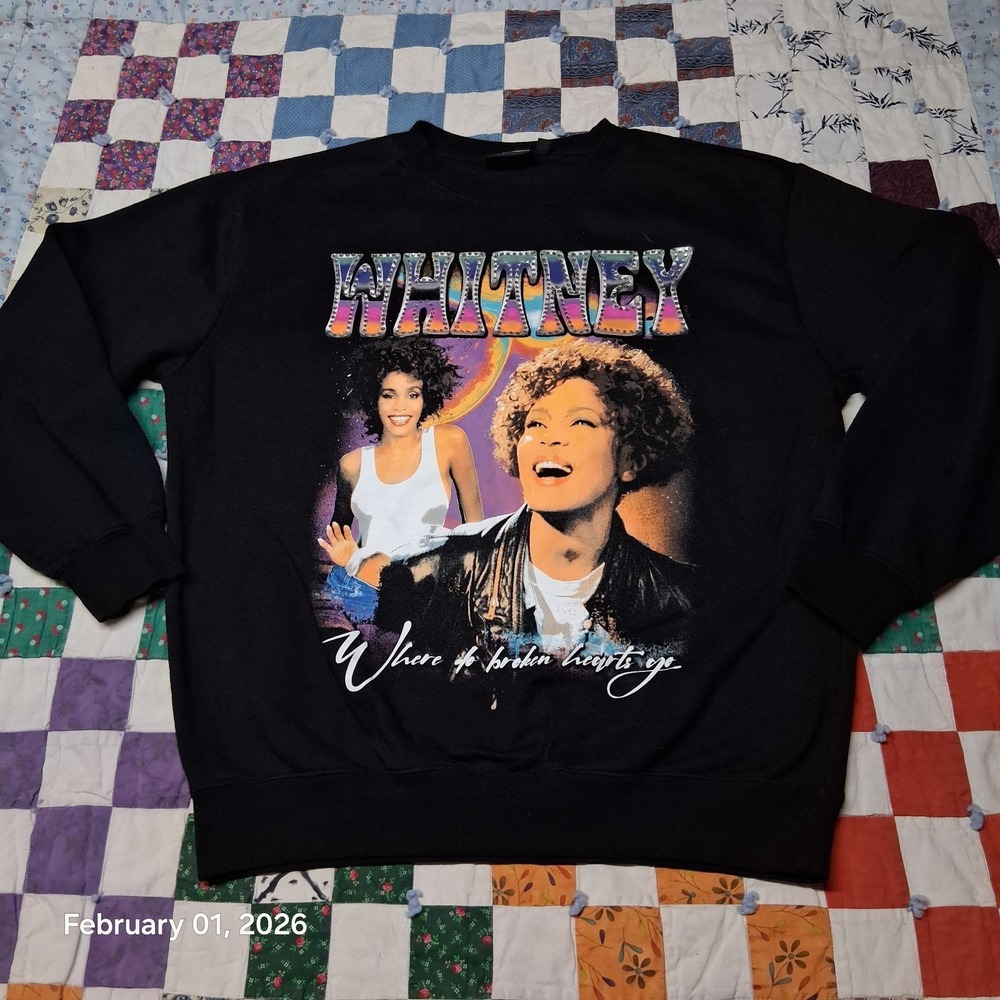 Whitney Houston Sweatshirt Size Large Black Studded Where do Broken Hearts‎
